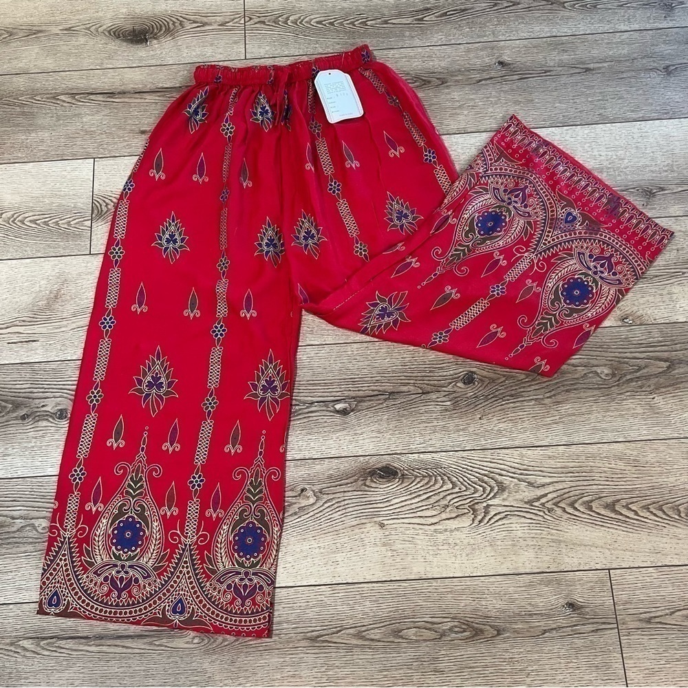 Nwt lightweight red lounge pants with Indian theme purple green elastic waist S - Picture 2 of 14